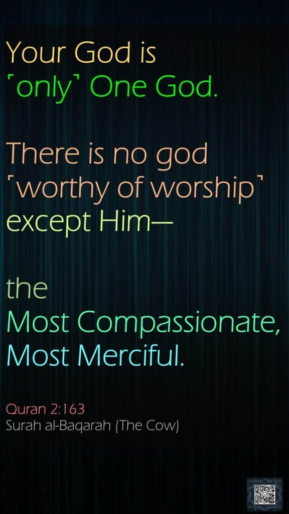 Your God is ˹only˺ One God.There is no god ˹worthy of worship˺ except Him—the Most Compassionate, Most Merciful.Quran 2:163Surah al-Baqarah (The Cow)