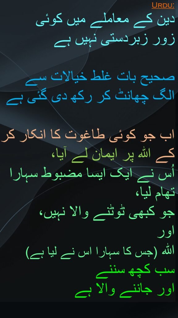 دین کے معاملے میں کوئی 
زور زبردستی نہیں ہے

صحیح بات غلط خیالات سے 
الگ چھانٹ کر رکھ دی گئی ہے

اب جو کوئی طاغوت کا انکار کر کے اللہ پر ایمان لے آیا، 
اُس نے ایک ایسا مضبوط سہارا تھام لیا، 
جو کبھی ٹوٹنے والا نہیں، 
اور 
اللہ (جس کا سہارا اس نے لیا ہے) 
سب کچھ سننے 
اور جاننے والا ہے
