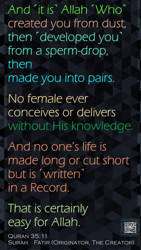 And ˹it is˺ Allah ˹Who˺ created you from dust, then ˹developed you˺ from a sperm-drop, then made you into pairs. No female ever conceives or delivers without His knowledge. And no one’s life is made long or cut short but is ˹written˺ in a Record. That is certainly easy for Allah.Quran 35:11Surah    Fatir (Originator, The Creator)