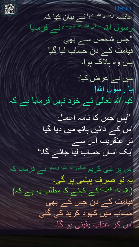 عائشہ رضی اللہ عنہا نے بیان کیا کہ   
رسول اللہ صلی اللہ علیہ وسلم نے فرمایا 
”جس شخص سے بھی 
قیامت کے دن حساب لیا گیا 
پس وہ ہلاک ہوا۔ 

میں نے عرض کیا: 
یا رسول اللہ! 
کیا اللہ تعالیٰ نے خود نہیں فرمایا ہے کہ

 ”پس جس کا نامہ اعمال 
اس کے دائیں ہاتھ میں دیا گیا 
تو عنقریب اس سے 
ایک آسان حساب لیا جائے گا۔“ 

اس پر نبی کریم صلی اللہ علیہ وسلم  نے فرمایا کہ 
یہ تو صرف پیشی ہو گی۔  
(اللہ رب العزت کے کہنے کا مطلب یہ ہے کہ)  
قیامت کے دن جس کے بھی 
حساب میں کھود کرید کی گئی 
اس کو عذاب یقینی ہو گا۔ 