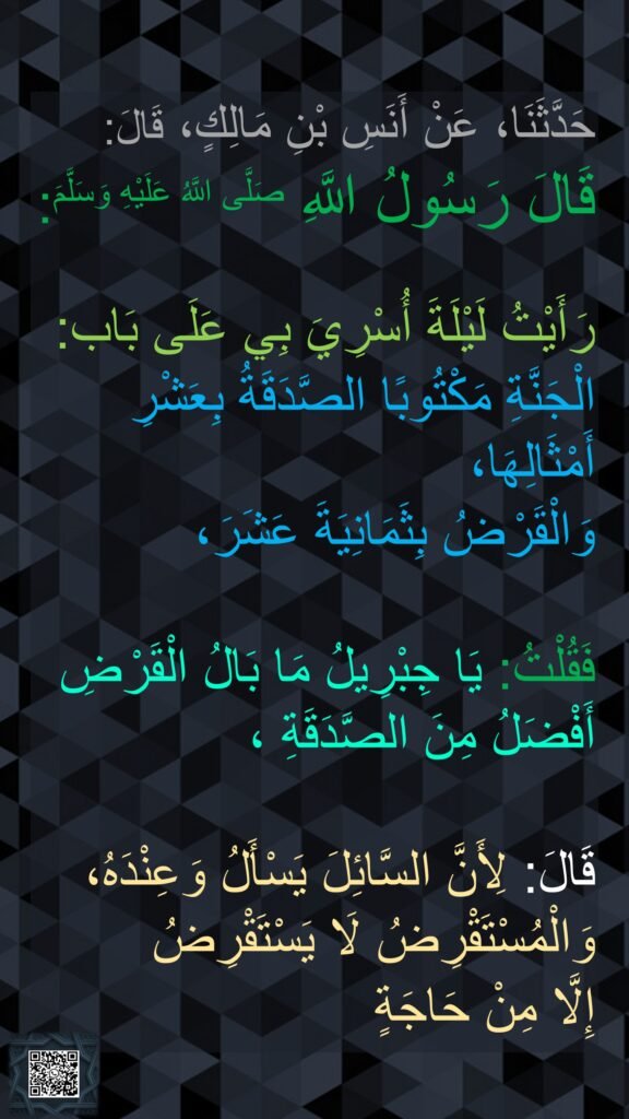 حَدَّثَنَا، عَنْ أَنَسِ بْنِ مَالِكٍ، قَالَ:‏‏‏‏‏‏‏‏‏‏‏‏‏
‏‏‏‏قَالَ رَسُولُ اللَّهِ صَلَّى اللَّهُ عَلَيْهِ وَسَلَّمَ:

رَأَيْتُ لَيْلَةَ أُسْرِيَ بِي عَلَى بَاب:
‏‏‏‏الْجَنَّةِ مَكْتُوبًا الصَّدَقَةُ بِعَشْرِ أَمْثَالِهَا،
وَالْقَرْضُ بِثَمَانِيَةَ عَشَرَ،

‏‏‏‏فَقُلْتُ: يَا جِبْرِيلُ مَا بَالُ الْقَرْضِ أَفْضَلُ مِنَ الصَّدَقَةِ ،

قَالَ: لِأَنَّ السَّائِلَ يَسْأَلُ وَعِنْدَهُ، ‏‏‏‏‏‏وَالْمُسْتَقْرِضُ لَا يَسْتَقْرِضُ 
إِلَّا مِنْ حَاجَةٍ