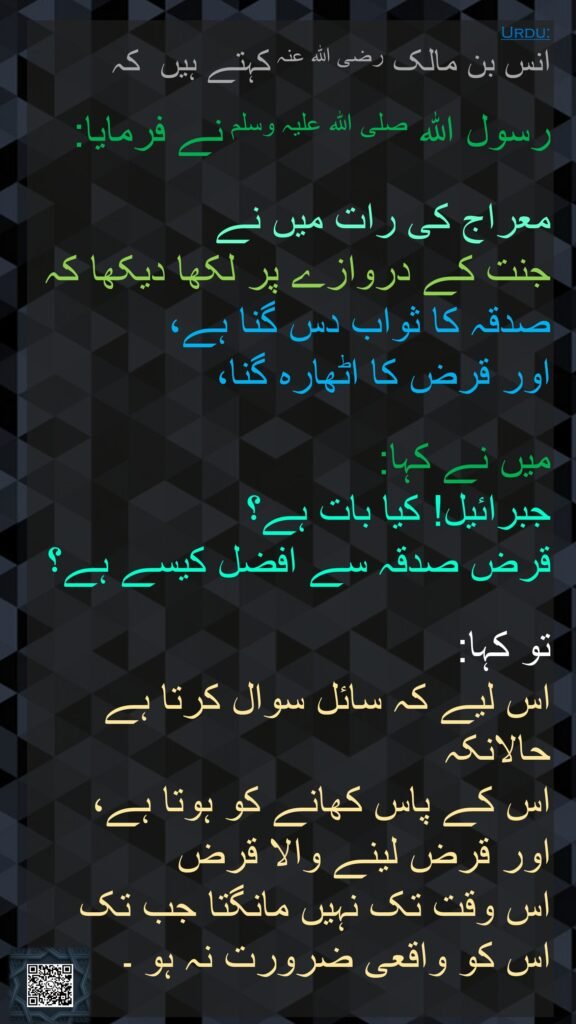 انس بن مالک رضی اللہ عنہ کہتے ہیں  کہ

رسول اللہ صلی اللہ علیہ وسلم نے فرمایا:
  
معراج کی رات میں نے 
جنت کے دروازے پر لکھا دیکھا کہ 
صدقہ کا ثواب دس گنا ہے، 
اور قرض کا اٹھارہ گنا، 

میں نے کہا: 
جبرائیل! کیا بات ہے؟ 
قرض صدقہ سے افضل کیسے ہے؟

تو کہا: 
اس لیے کہ سائل سوال کرتا ہے حالانکہ 
اس کے پاس کھانے کو ہوتا ہے، 
اور قرض لینے والا قرض 
اس وقت تک نہیں مانگتا جب تک اس کو واقعی ضرورت نہ ہو ۔ 
