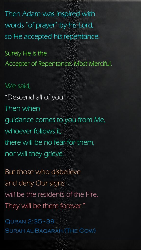 Then Adam was inspired with words ˹of prayer˺ by his Lord, so He accepted his repentance. Surely He is the Accepter of Repentance, Most Merciful.We said, “Descend all of you! Then when guidance comes to you from Me, whoever follows it, there will be no fear for them, nor will they grieve.But those who disbelieve and deny Our signs will be the residents of the Fire. They will be there forever.”Quran 2:35~39Surah al-Baqarah (The Cow)