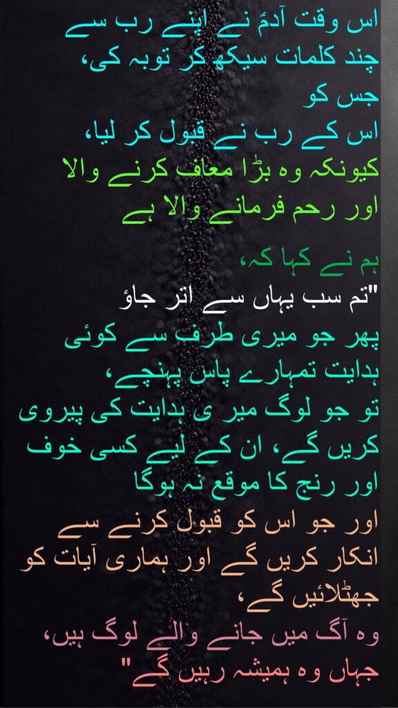 اس وقت آدمؑ نے اپنے رب سے 
چند کلمات سیکھ کر توبہ کی، 
جس کو 
اس کے رب نے قبول کر لیا، 
کیونکہ وہ بڑا معاف کرنے والا 
اور رحم فرمانے والا ہے

ہم نے کہا کہ، 
"تم سب یہاں سے اتر جاؤ 
پھر جو میری طرف سے کوئی ہدایت تمہارے پاس پہنچے، 
تو جو لوگ میر ی ہدایت کی پیروی کریں گے، ان کے لیے کسی خوف اور رنج کا موقع نہ ہوگا 
اور جو اس کو قبول کرنے سے انکار کریں گے اور ہماری آیات کو جھٹلائیں گے، 
وہ آگ میں جانے والے لوگ ہیں، جہاں وہ ہمیشہ رہیں گے"
