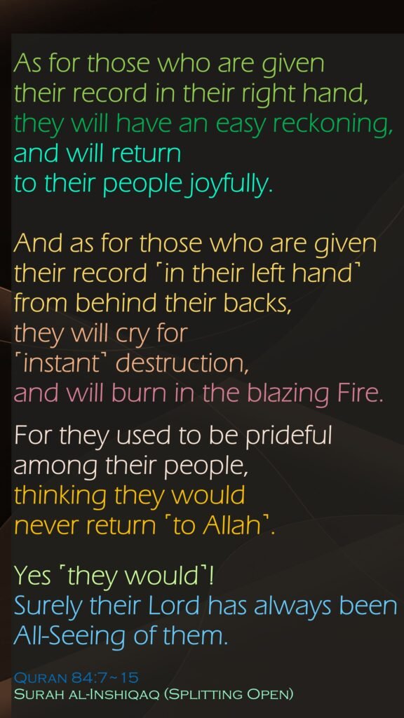 As for those who are given their record in their right hand,they will have an easy reckoning,and will return to their people joyfully.And as for those who are given their record ˹in their left hand˺ from behind their backs, they will cry for ˹instant˺ destruction, and will burn in the blazing Fire.For they used to be prideful among their people, thinking they would never return ˹to Allah˺.Yes ˹they would˺! Surely their Lord has always been All-Seeing of them.Quran 84:7~15Surah al-Inshiqaq (Splitting Open)