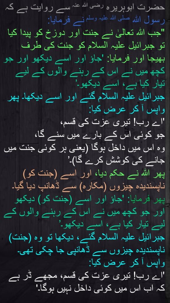 حضرت ابوہریرہ رضی اللہ عنہ سے روایت ہے کہ رسول اللہ صلی اللہ علیہ وسلم نے فرمایا:
"جب اللہ تعالیٰ نے جنت اور دوزخ کو پیدا کیا تو جبرائیل علیہ السلام کو جنت کی طرف بھیجا اور فرمایا: 'جاؤ اور اسے دیکھو اور جو کچھ میں نے اس کے رہنے والوں کے لیے تیار کیا ہے، اسے دیکھو۔’ 
جبرائیل علیہ السلام گئے اور اسے دیکھا۔ پھر واپس آ کر عرض کیا: 
'اے رب! تیری عزت کی قسم، 
جو کوئی اس کے بارے میں سنے گا، 
وہ اس میں داخل ہوگا (یعنی ہر کوئی جنت میں جانے کی کوشش کرے گا)۔’ 
پھر اللہ نے حکم دیا، اور اسے (جنت کو) ناپسندیدہ چیزوں (مکاره) سے ڈھانپ دیا گیا۔
پھر فرمایا: 'جاؤ اور اسے (جنت کو) دیکھو اور جو کچھ میں نے اس کے رہنے والوں کے لیے تیار کیا ہے، اسے دیکھو۔’ 
جبرائیل علیہ السلام گئے، دیکھا تو وہ (جنت) ناپسندیدہ چیزوں سے ڈھانپی جا چکی تھی۔
واپس آ کر عرض کیا: 
'اے رب! تیری عزت کی قسم، مجھے ڈر ہے کہ اب اس میں کوئی داخل نہیں ہوگا۔'

