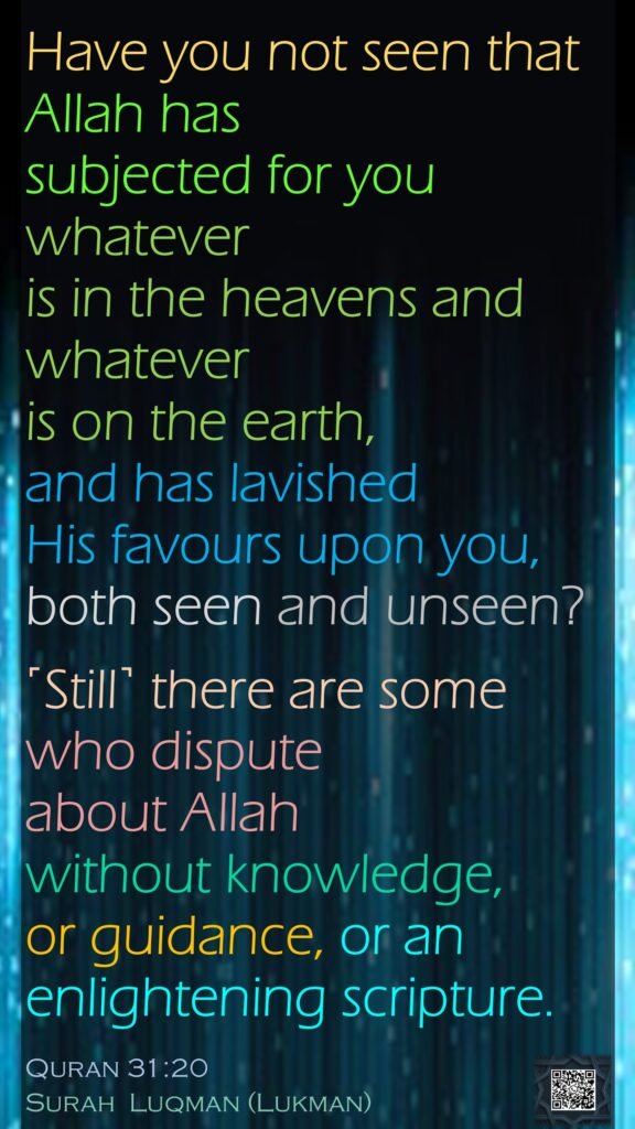 Have you not seen that Allah has subjected for you whatever is in the heavens and whatever is on the earth, and has lavished His favours upon you, both seen and unseen?˹Still˺ there are some who dispute about Allah without knowledge, or guidance, or an enlightening scripture.Quran 31:20Surah  Luqman (Lukman)