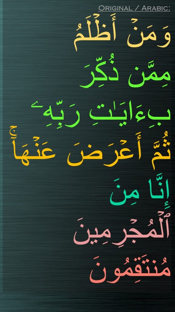 وَمَنۡ أَظۡلَمُ 
مِمَّن ذُكِّرَ بِءَایَـٰتِ رَبِّهِۦ ثُمَّ أَعۡرَضَ عَنۡهَاۤۚ إِنَّا مِنَ ٱلۡمُجۡرِمِینَ مُنتَقِمُونَ

