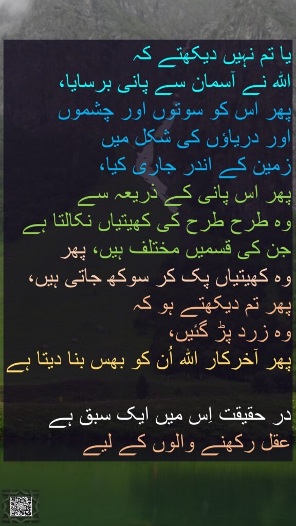 یا تم نہیں دیکھتے کہ 
اللہ نے آسمان سے پانی برسایا، 
پھر اس کو سوتوں اور چشموں 
اور دریاؤں کی شکل میں 
زمین کے اندر جاری کیا، 
پھر اس پانی کے ذریعہ سے 
وہ طرح طرح کی کھیتیاں نکالتا ہے جن کی قسمیں مختلف ہیں، پھر 
وہ کھیتیاں پک کر سوکھ جاتی ہیں، پھر تم دیکھتے ہو کہ 
وہ زرد پڑ گئیں، 
پھر آخرکار اللہ اُن کو بھس بنا دیتا ہے

در حقیقت اِس میں ایک سبق ہے 
عقل رکھنے والوں کے لیے