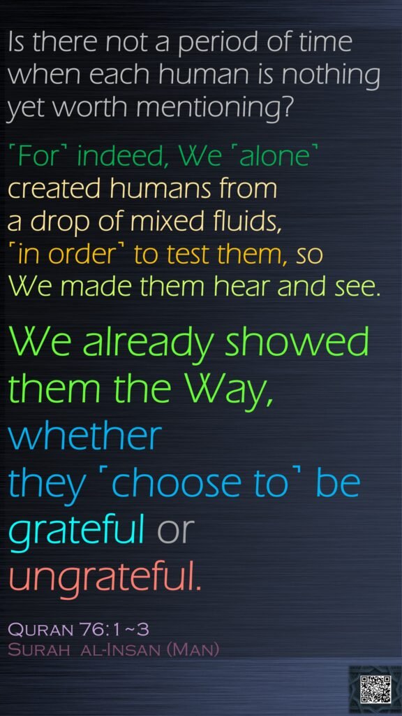 Is there not a period of time when each human is nothing yet worth mentioning?˹For˺ indeed, We ˹alone˺ created humans from a drop of mixed fluids, ˹in order˺ to test them, so We made them hear and see.We already showed them the Way, whether they ˹choose to˺ be grateful or ungrateful.Quran 76:1~3Surah  al-Insan (Man)