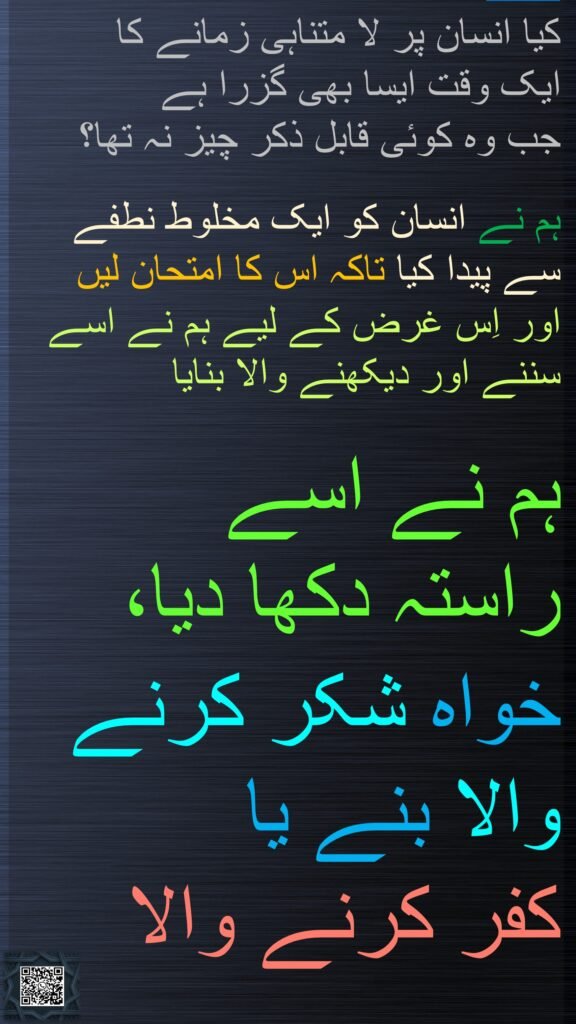 کیا انسان پر لا متناہی زمانے کا 
ایک وقت ایسا بھی گزرا ہے 
جب وہ کوئی قابل ذکر چیز نہ تھا؟ 

ہم نے انسان کو ایک مخلوط نطفے سے پیدا کیا تاکہ اس کا امتحان لیں 
اور اِس غرض کے لیے ہم نے اسے سننے اور دیکھنے والا بنایا 

ہم نے اسے 
راستہ دکھا دیا، 
خواہ شکر کرنے والا بنے یا 
کفر کرنے والا 
