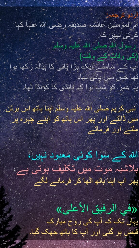 ردو ترجمہ:
ام المؤمنین عائشہ صدیقہ رضی اللہ عنہا کہا کرتی تھیں کہ
 رسول اللہ صلی اللہ علیہ وسلم 
(کی وفات کے وقت) 
آپ کے سامنے ایک بڑا پانی کا پیالہ رکھا ہوا تھا جس میں پانی تھا۔ 
یہ عمر کو شبہ ہوا کہ ہانڈی کا کونڈا تھا۔

 نبی کریم صلی اللہ علیہ وسلم اپنا ہاتھ اس برتن میں ڈالتے اور پھر اس ہاتھ کو اپنے چہرہ پر ملتے اور فرماتے 

اللہ کے سوا کوئی معبود نہیں، 
بلاشبہ موت میں تکلیف ہوتی ہے، 
پھر آپ اپنا ہاتھ اٹھا کر فرمانے لگے 

«في الرفيق الأعلى» 
یہاں تک کہ آپ کی روح مبارک 
قبض ہو گئی اور آپ کا ہاتھ جھک گیا۔