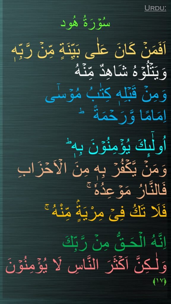 سُوۡرَةُ هُود

اَفَمَنۡ كَانَ عَلٰى بَيِّنَةٍ مِّنۡ رَّبِّهٖ وَيَتۡلُوۡهُ شَاهِدٌ مِّنۡهُ 
وَمِنۡ قَبۡلِهٖ كِتٰبُ مُوۡسٰٓى 
اِمَامًا وَّرَحۡمَةً‌  ؕ 

اُولٰٓٮِٕكَ يُؤۡمِنُوۡنَ بِهٖ‌ ؕ 
وَمَنۡ يَّكۡفُرۡ بِهٖ مِنَ الۡاَحۡزَابِ فَالنَّارُ مَوۡعِدُهٗ‌ ۚ 
فَلَا تَكُ فِىۡ مِرْيَةٍۢ مِّنْهُ ۚ

اِنَّهُ الۡحَـقُّ مِنۡ رَّبِّكَ 
وَلٰـكِنَّ اَكۡثَرَ النَّاسِ لَا يُؤۡمِنُوۡنَ‏ ﴿۱۷﴾
