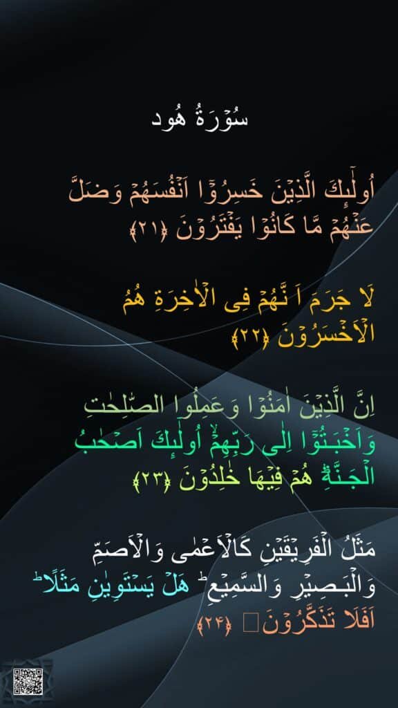 

اُولٰٓٮِٕكَ الَّذِيۡنَ خَسِرُوۡۤا اَنۡفُسَهُمۡ وَضَلَّ عَنۡهُمۡ مَّا كَانُوۡا يَفۡتَرُوۡنَ‏ ﴿۲۱﴾  

لَا جَرَمَ اَ نَّهُمۡ فِى الۡاٰخِرَةِ هُمُ الۡاَخۡسَرُوۡنَ‏ ﴿۲۲﴾

اِنَّ الَّذِيۡنَ اٰمَنُوۡا وَعَمِلُوا الصّٰلِحٰتِ وَاَخۡبَـتُوۡۤا اِلٰى رَبِّهِمۡۙ اُولٰٓٮِٕكَ اَصۡحٰبُ الۡجَـنَّةِ‌ؕ هُمۡ فِيۡهَا خٰلِدُوۡنَ‏ ﴿۲۳﴾  

مَثَلُ الۡفَرِيۡقَيۡنِ كَالۡاَعۡمٰى وَالۡاَصَمِّ وَالۡبَـصِيۡرِ وَالسَّمِيۡعِ‌ ؕ هَلۡ يَسۡتَوِيٰنِ مَثَلًا‌ ؕ اَفَلَا تَذَكَّرُوۡنَ‏ ﴿۲۴﴾ 
