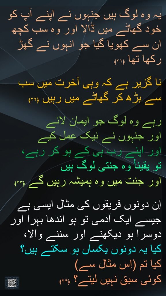 یہ وہ لوگ ہیں جنہوں نے اپنے آپ کو خود گھاٹے میں ڈالا اور وہ سب کچھ 
ان سے کھویا گیا جو انہوں نے گھڑ رکھا تھا ﴿۲۱﴾  

نا گزیر ہے کہ وہی آخرت میں سب سے بڑھ کر گھاٹے میں رہیں ﴿۲۲﴾  

رہے وہ لوگ جو ایمان لائے 
اور جنہوں نے نیک عمل کیے 
اور اپنے رب ہی کے ہو کر رہے، 
تو یقیناً وہ جنتی لوگ ہیں 
اور جنت میں وہ ہمیشہ رہیں گے ﴿۲۳﴾  

اِن دونوں فریقوں کی مثال ایسی ہے جیسے ایک آدمی تو ہو اندھا بہرا اور دوسرا ہو دیکھنے اور سننے والا، 
کیا یہ دونوں یکساں ہو سکتے ہیں؟ 
کیا تم (اِس مثال سے) 
کوئی سبق نہیں لیتے؟ ﴿۲۴﴾ 
