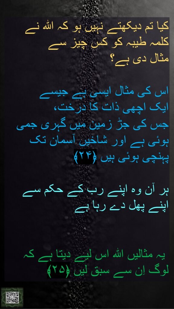 کیا تم دیکھتے نہیں ہو کہ اللہ نے کلمہ طیبہ کو کس چیز سے 
مثال دی ہے؟

اس کی مثال ایسی ہے جیسے 
ایک اچھی ذات کا درخت، 
جس کی جڑ زمین میں گہری جمی ہوئی ہے اور شاخیں آسمان تک پہنچی ہوئی ہیں ﴿۲۴﴾  

ہر آن وہ اپنے رب کے حکم سے اپنے پھل دے رہا ہے


 یہ مثالیں اللہ اس لیے دیتا ہے کہ لوگ اِن سے سبق لیں ﴿۲۵﴾ 
