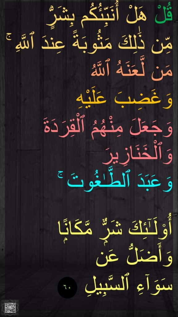 قُلْ هَلْ أُنَبِّئُكُم بِشَرٍّۢ 
مِّن ذَٰلِكَ مَثُوبَةً عِندَ ٱللَّهِ ۚ مَن لَّعَنَهُ ٱللَّهُ 
وَغَضِبَ عَلَيْهِ 
وَجَعَلَ مِنْهُمُ ٱلْقِرَدَةَ وَٱلْخَنَازِيرَ 
وَعَبَدَ ٱلطَّـٰغُوتَ ۚ 

أُو۟لَـٰٓئِكَ شَرٌّۭ مَّكَانًۭا وَأَضَلُّ عَن 
سَوَآءِ ٱلسَّبِيلِ
