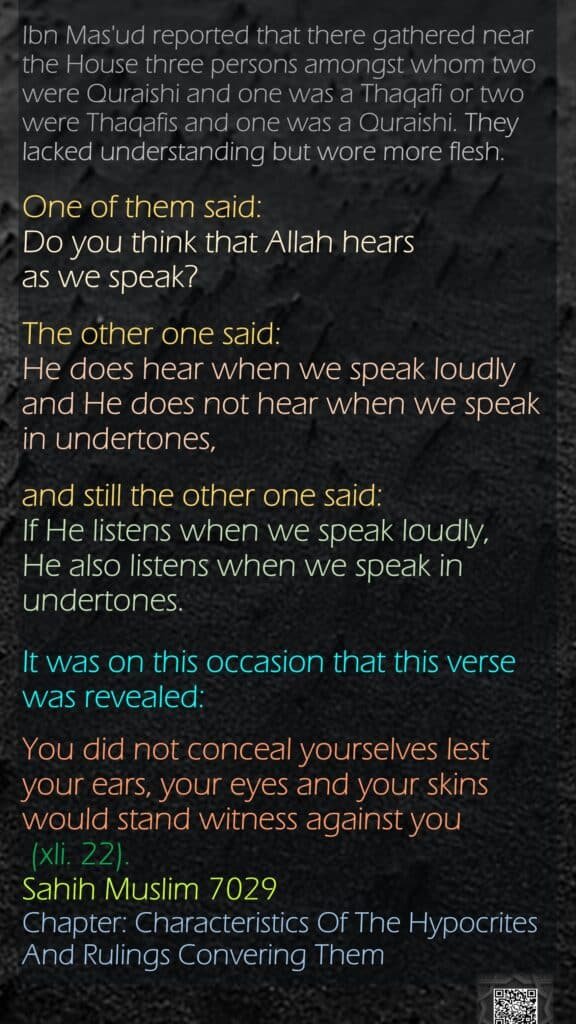 Ibn Mas'ud reported that there gathered near the House three persons amongst whom two were Quraishi and one was a Thaqafi or two were Thaqafis and one was a Quraishi. They lacked understanding but wore more flesh. One of them said: Do you think that Allah hears as we speak? The other one said: He does hear when we speak loudly and He does not hear when we speak in undertones, and still the other one said: If He listens when we speak loudly, He also listens when we speak in undertones. It was on this occasion that this verse was revealed: You did not conceal yourselves lest your ears, your eyes and your skins would stand witness against you (xli. 22).Sahih Muslim 7029Chapter: Characteristics Of The Hypocrites And Rulings Convering Them