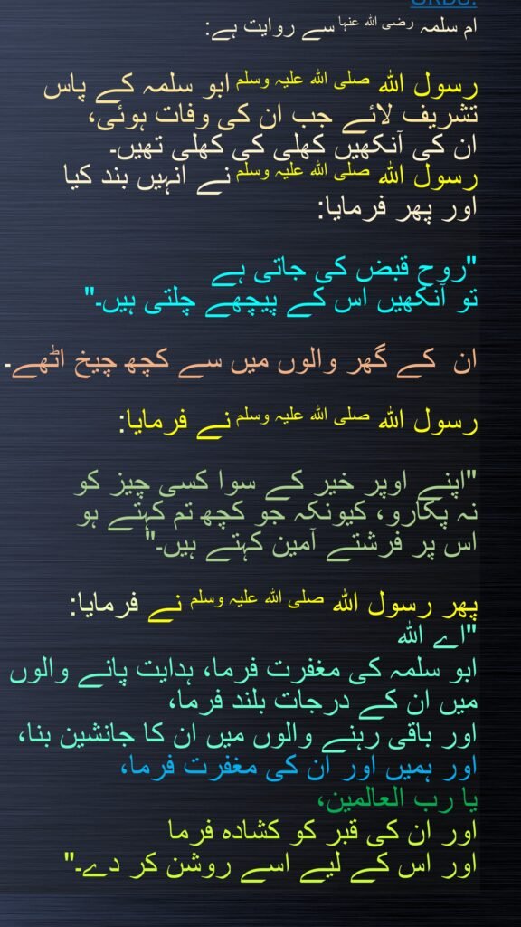 ام سلمہ رضی اللہ عنہا سے روایت ہے:

رسول اللہ صلی اللہ علیہ وسلم ابو سلمہ کے پاس تشریف لائے جب ان کی وفات ہوئی، 
ان کی آنکھیں کھلی کی کھلی تھیں۔ 
رسول اللہ صلی اللہ علیہ وسلم نے انہیں بند کیا 
اور پھر فرمایا:

"روح قبض کی جاتی ہے 
تو آنکھیں اس کے پیچھے چلتی ہیں۔"

ان  کے گھر والوں میں سے کچھ چیخ اٹھے۔

رسول اللہ صلی اللہ علیہ وسلم نے فرمایا:

"اپنے اوپر خیر کے سوا کسی چیز کو 
نہ پکارو، کیونکہ جو کچھ تم کہتے ہو 
اس پر فرشتے آمین کہتے ہیں۔"

پھر رسول اللہ صلی اللہ علیہ وسلم نے فرمایا:
"اے اللہ 
ابو سلمہ کی مغفرت فرما، ہدایت پانے والوں میں ان کے درجات بلند فرما، 
اور باقی رہنے والوں میں ان کا جانشین بنا، اور ہمیں اور ان کی مغفرت فرما، 
یا رب العالمین، 
اور ان کی قبر کو کشادہ فرما 
اور اس کے لیے اسے روشن کر دے۔"
