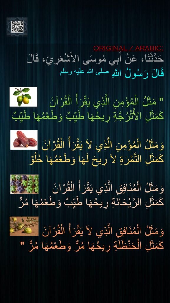 حَدَّثَنَا، عَنْ أَبِي مُوسَى الأَشْعَرِيِّ، قَالَ 
قَالَ رَسُولُ اللَّهِ صلى الله عليه وسلم
 ‏ 
"‏ مَثَلُ الْمُؤْمِنِ الَّذِي يَقْرَأُ الْقُرْآنَ 
كَمَثَلِ الأُتْرُجَّةِ رِيحُهَا طَيِّبٌ وَطَعْمُهَا طَيِّبٌ 

وَمَثَلُ الْمُؤْمِنِ الَّذِي لاَ يَقْرَأُ الْقُرْآنَ 
كَمَثَلِ التَّمْرَةِ لاَ رِيحَ لَهَا وَطَعْمُهَا حُلْوٌ 

وَمَثَلُ الْمُنَافِقِ الَّذِي يَقْرَأُ الْقُرْآنَ 
كَمَثَلِ الرَّيْحَانَةِ رِيحُهَا طَيِّبٌ وَطَعْمُهَا مُرٌّ 

وَمَثَلُ الْمُنَافِقِ الَّذِي لاَ يَقْرَأُ الْقُرْآنَ 
كَمَثَلِ الْحَنْظَلَةِ رِيحُهَا مُرٌّ وَطَعْمُهَا مُرٌّ ‏"‏ ‏
