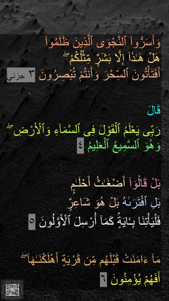 وَأَسَرُّوا۟ ٱلنَّجْوَى ٱلَّذِينَ ظَلَمُوا۟ 
هَلْ هَـٰذَآ إِلَّا بَشَرٌۭ مِّثْلُكُمْ ۖ 
أَفَتَأْتُونَ ٱلسِّحْرَ وَأَنتُمْ تُبْصِرُونَ ٣ جزئي

قَالَ 
رَبِّى يَعْلَمُ ٱلْقَوْلَ فِى ٱلسَّمَآءِ وَٱلْأَرْضِ ۖ وَهُوَ ٱلسَّمِيعُ ٱلْعَلِيمُ ٤

بَلْ قَالُوٓا۟ أَضْغَـٰثُ أَحْلَـٰمٍۭ 
بَلِ ٱفْتَرَىٰهُ بَلْ هُوَ شَاعِرٌۭ 
فَلْيَأْتِنَا بِـَٔايَةٍۢ كَمَآ أُرْسِلَ ٱلْأَوَّلُونَ ٥

مَآ ءَامَنَتْ قَبْلَهُم مِّن قَرْيَةٍ أَهْلَكْنَـٰهَآ ۖ 
أَفَهُمْ يُؤْمِنُونَ ٦‏
