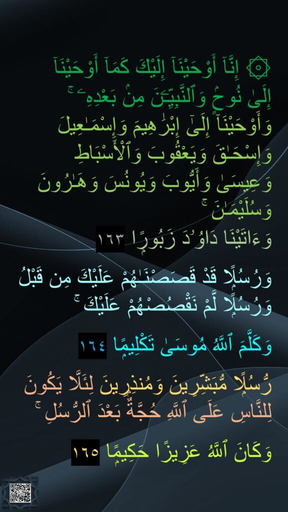 ۞ إِنَّآ أَوْحَيْنَآ إِلَيْكَ كَمَآ أَوْحَيْنَآ 
إِلَىٰ نُوحٍۢ وَٱلنَّبِيِّـۧنَ مِنۢ بَعْدِهِۦ ۚ وَأَوْحَيْنَآ إِلَىٰٓ إِبْرَٰهِيمَ وَإِسْمَـٰعِيلَ وَإِسْحَـٰقَ وَيَعْقُوبَ وَٱلْأَسْبَاطِ وَعِيسَىٰ وَأَيُّوبَ وَيُونُسَ وَهَـٰرُونَ وَسُلَيْمَـٰنَ ۚ 
وَءَاتَيْنَا دَاوُۥدَ زَبُورًۭا ١٦٣

وَرُسُلًۭا قَدْ قَصَصْنَـٰهُمْ عَلَيْكَ مِن قَبْلُ وَرُسُلًۭا لَّمْ نَقْصُصْهُمْ عَلَيْكَ ۚ 

وَكَلَّمَ ٱللَّهُ مُوسَىٰ تَكْلِيمًۭا ١٦٤

رُّسُلًۭا مُّبَشِّرِينَ وَمُنذِرِينَ لِئَلَّا يَكُونَ لِلنَّاسِ عَلَى ٱللَّهِ حُجَّةٌۢ بَعْدَ ٱلرُّسُلِ ۚ 

وَكَانَ ٱللَّهُ عَزِيزًا حَكِيمًۭا ١٦٥
