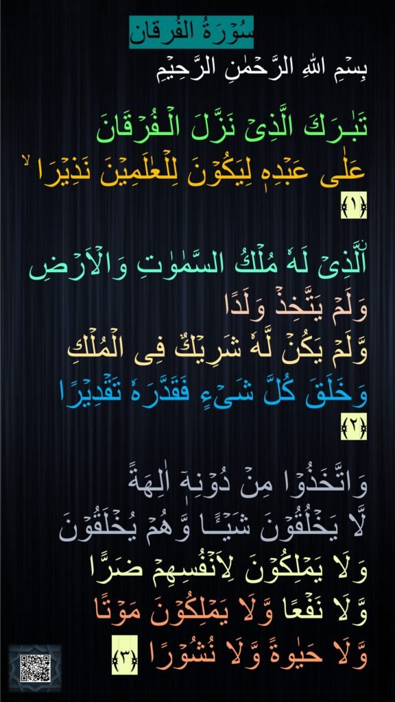 سُوۡرَةُ الفُرقان
بِسۡمِ اللهِ الرَّحۡمٰنِ الرَّحِيۡمِ

تَبٰـرَكَ الَّذِىۡ نَزَّلَ الۡـفُرۡقَانَ 
عَلٰى عَبۡدِهٖ لِيَكُوۡنَ لِلۡعٰلَمِيۡنَ نَذِيۡرَا ۙ‏ ﴿۱﴾  

اۨلَّذِىۡ لَهٗ مُلۡكُ السَّمٰوٰتِ وَالۡاَرۡضِ وَلَمۡ يَتَّخِذۡ وَلَدًا 
وَّلَمۡ يَكُنۡ لَّهٗ شَرِيۡكٌ فِى الۡمُلۡكِ 
وَخَلَقَ كُلَّ شَىۡءٍ فَقَدَّرَهٗ تَقۡدِيۡرًا‏ ﴿۲﴾  

وَاتَّخَذُوۡا مِنۡ دُوۡنِهٖۤ اٰلِهَةً 
لَّا يَخۡلُقُوۡنَ شَيۡـًٔـا وَّهُمۡ يُخۡلَقُوۡنَ وَلَا يَمۡلِكُوۡنَ لِاَنۡفُسِهِمۡ ضَرًّا 
وَّلَا نَفۡعًا وَّلَا يَمۡلِكُوۡنَ مَوۡتًا 
وَّلَا حَيٰوةً وَّلَا نُشُوۡرًا‏ ﴿۳﴾
