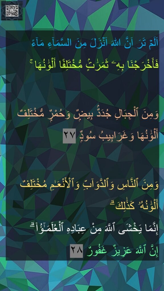 اَلَمۡ تَرَ اَنَّ اللّٰهَ اَنۡزَلَ مِنَ السَّمَآءِ مَآءً
فَأَخْرَجْنَا بِهِۦ ثَمَرَٰتٍۢ مُّخْتَلِفًا أَلْوَٰنُهَا ۚ 

وَمِنَ ٱلْجِبَالِ جُدَدٌۢ بِيضٌۭ وَحُمْرٌۭ مُّخْتَلِفٌ أَلْوَٰنُهَا وَغَرَابِيبُ سُودٌۭ ٢٧

وَمِنَ ٱلنَّاسِ وَٱلدَّوَآبِّ وَٱلْأَنْعَـٰمِ مُخْتَلِفٌ أَلْوَٰنُهُۥ كَذَٰلِكَ ۗ 
إِنَّمَا يَخْشَى ٱللَّهَ مِنْ عِبَادِهِ ٱلْعُلَمَـٰٓؤُا۟ ۗ 
إِنَّ ٱللَّهَ عَزِيزٌ غَفُورٌ ٢٨
