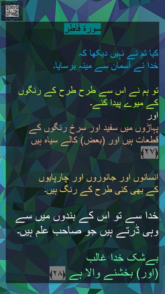 سورة فَاطِر

کیا تم نے نہیں دیکھا کہ 
خدا نے آسمان سے مینہ برسایا۔ 

تو ہم نے اس سے طرح طرح کے رنگوں کے میوے پیدا کئے۔ 
اور 
پہاڑوں میں سفید اور سرخ رنگوں کے قطعات ہیں اور (بعض) کالے سیاہ ہیں ﴿۲۷﴾  

انسانوں اور جانوروں اور چارپایوں 
کے بھی کئی طرح کے رنگ ہیں۔ 

خدا سے تو اس کے بندوں میں سے 
وہی ڈرتے ہیں جو صاحب علم ہیں۔ 

بےشک خدا غالب 
(اور) بخشنے والا ہے ﴿۲۸﴾ 
