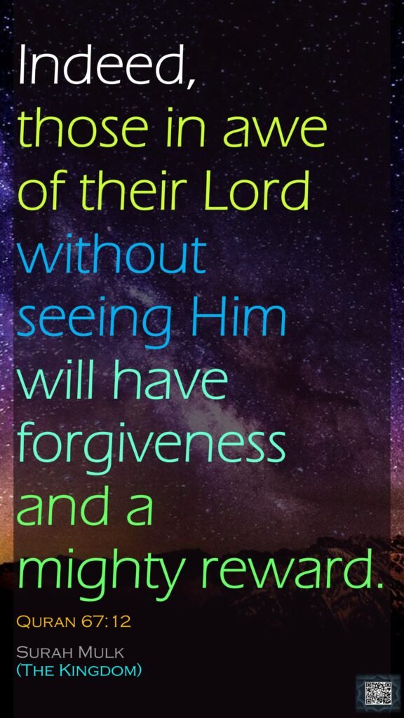 Indeed, those in awe of their Lord without seeing Him will have forgiveness and a mighty reward.Quran 67:12Surah Mulk (The Kingdom)