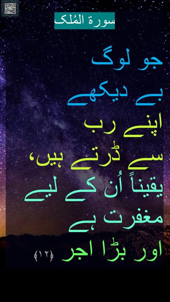 سورة المُلک

جو لوگ 
بے دیکھے 
اپنے رب 
سے ڈرتے ہیں، یقیناً اُن کے لیے مغفرت ہے 
اور بڑا اجر ﴿۱۲﴾ 
