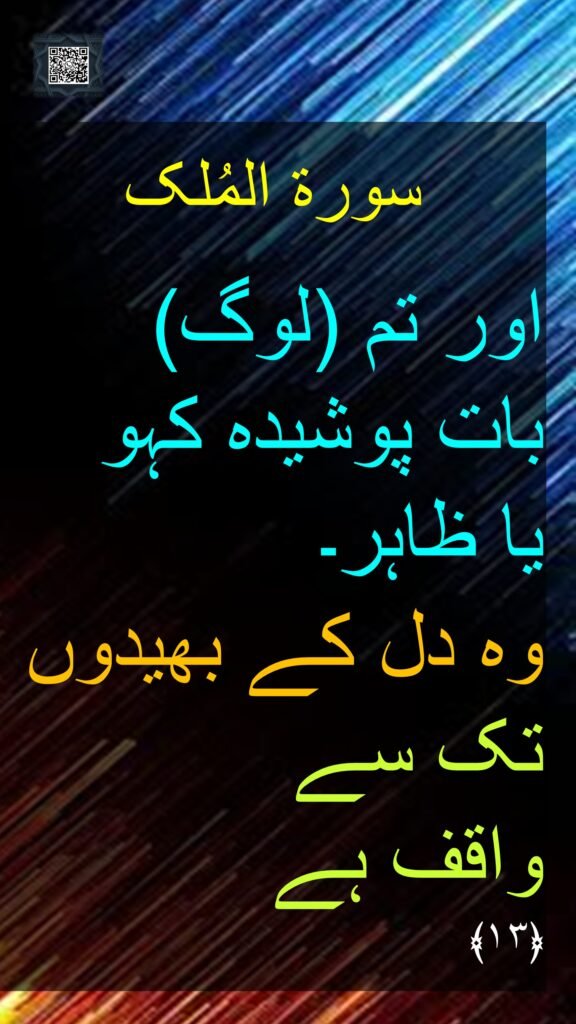 سورة المُلک

اور تم (لوگ) 
بات پوشیدہ کہو 
یا ظاہر۔ 
وہ دل کے بھیدوں تک سے 
واقف ہے 
﴿۱۳﴾ 