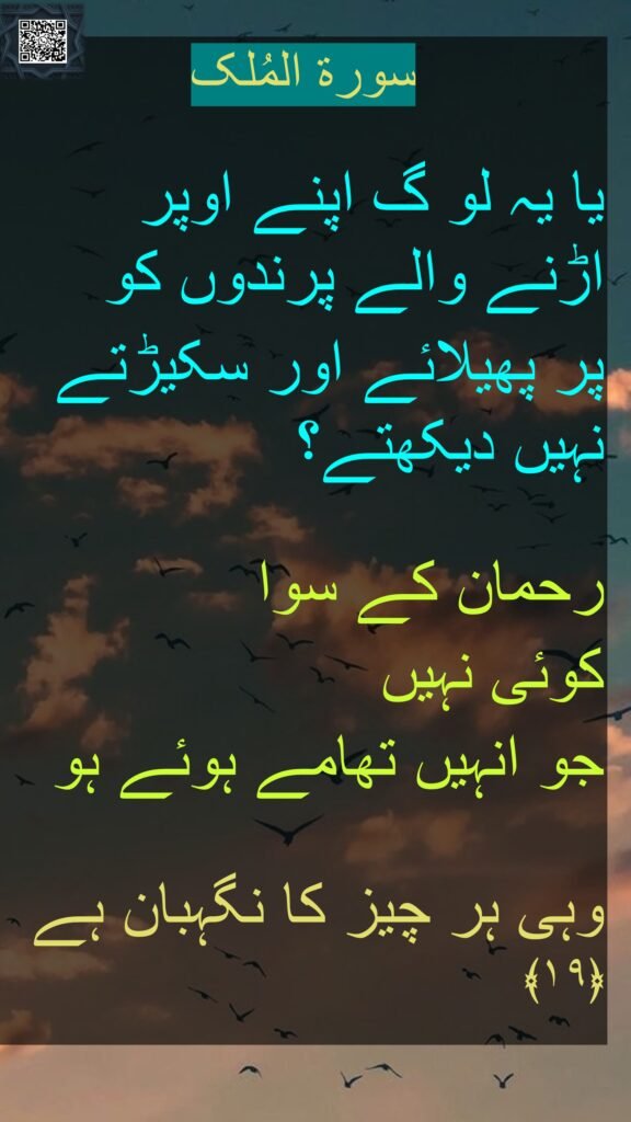 

یا یہ لو گ اپنے اوپر اڑنے والے پرندوں کو 
پر پھیلائے اور سکیڑتے نہیں دیکھتے؟ 

رحمان کے سوا 
کوئی نہیں 
جو انہیں تھامے ہوئے ہو

وہی ہر چیز کا نگہبان ہے ﴿۱۹﴾ 
