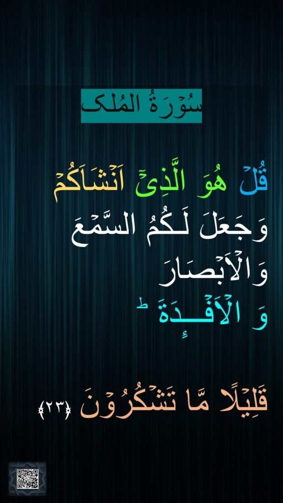 سُوۡرَةُ المُلک

قُلۡ هُوَ الَّذِىۡۤ اَنۡشَاَكُمۡ وَجَعَلَ لَـكُمُ السَّمۡعَ وَالۡاَبۡصَارَ 
وَ الۡاَفۡـــِٕدَةَ ‌ ؕ 

قَلِيۡلًا مَّا تَشۡكُرُوۡنَ‏ ﴿۲۳﴾ 
