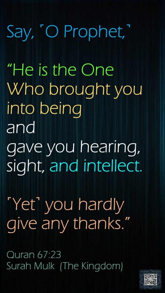 Say, ˹O Prophet,˺ “He is the One Who brought you into being and gave you hearing, sight, and intellect. ˹Yet˺ you hardly give any thanks.”Quran 67:23Surah Mulk  (The Kingdom)