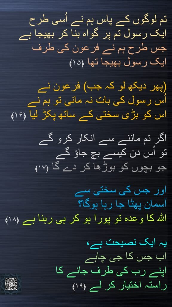 تم لوگوں کے پاس ہم نے اُسی طرح 
ایک رسول تم پر گواہ بنا کر بھیجا ہے جس طرح ہم نے فرعون کی طرف 
ایک رسول بھیجا تھا ﴿۱۵﴾  

(پھر دیکھ لو کہ جب) فرعون نے 
اُس رسول کی بات نہ مانی تو ہم نے 
اس کو بڑی سختی کے ساتھ پکڑ لیا ﴿۱۶﴾  

اگر تم ماننے سے انکار کرو گے 
تو اُس دن کیسے بچ جاؤ گے 
جو بچوں کو بوڑھا کر دے گا ﴿۱۷﴾  

اور جس کی سختی سے 
آسمان پھٹا جا رہا ہوگا؟ 
اللہ کا وعدہ تو پورا ہو کر ہی رہنا ہے ﴿۱۸﴾  

یہ ایک نصیحت ہے، 
اب جس کا جی چاہے 
اپنے رب کی طرف جانے کا 
راستہ اختیار کر لے ﴿۱۹﴾
