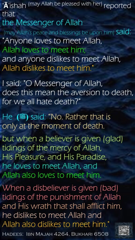 ‘Ā'ishah (may Allah be pleased with her) reported that the Messenger of Allah (may Allah's peace and blessings be upon him) said: "Anyone loves to meet Allah, Allah loves to meet him; and anyone dislikes to meet Allah, Allah dislikes to meet him." I said: "O Messenger of Allah, does this mean the aversion to death, for we all hate death?" He  (ﷺ) said: “No. Rather that is only at the moment of death. but when a believer is given (glad) tidings of the mercy of Allah, His Pleasure, and His Paradise, he loves to meet Allah, and Allah also loves to meet him. When a disbeliever is given (bad) tidings of the punishment of Allah and His wrath that shall afflict him, he dislikes to meet Allah and Allah also dislikes to meet him."Hadees:  Ibn Majah 4264, Bukhari 6508