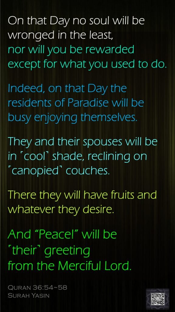 On that Day no soul will be wronged in the least, nor will you be rewarded except for what you used to do.Indeed, on that Day the residents of Paradise will be busy enjoying themselves.They and their spouses will be in ˹cool˺ shade, reclining on ˹canopied˺ couches.There they will have fruits and whatever they desire.And “Peace!” will be ˹their˺ greeting from the Merciful Lord.Quran 36:54~58Surah Yasin