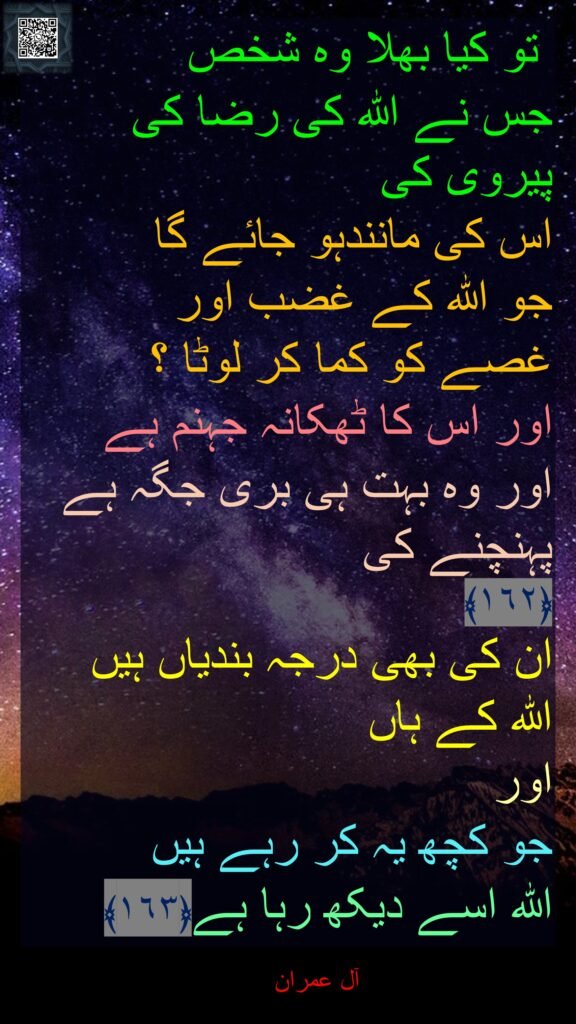 تو کیا بھلا وہ شخص 
جس نے اللہ کی رضا کی پیروی کی 
اس کی مانندہو جائے گا 
جو اللہ کے غضب اور 
غصے کو کما کر لوٹا ؟ 
اور اس کا ٹھکانہ جہنم ہے 
اور وہ بہت ہی بری جگہ ہے پہنچنے کی
﴿١٦٢﴾  
ان کی بھی درجہ بندیاں ہیں 
اللہ کے ہاں 
اور 
جو کچھ یہ کر رہے ہیں 
اللہ اسے دیکھ رہا ہے﴿١٦٣﴾ 
