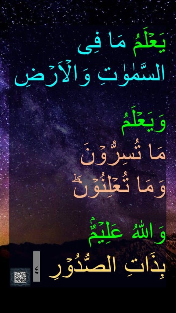 يَعۡلَمُ مَا فِى 
السَّمٰوٰتِ وَالۡاَرۡضِ

وَيَعۡلَمُ 
مَا تُسِرُّوۡنَ 
وَمَا تُعۡلِنُوۡنَ​ؕ 

وَاللّٰهُ عَلِيۡمٌۢ 
بِذَاتِ الصُّدُوۡرِ‏ ٤