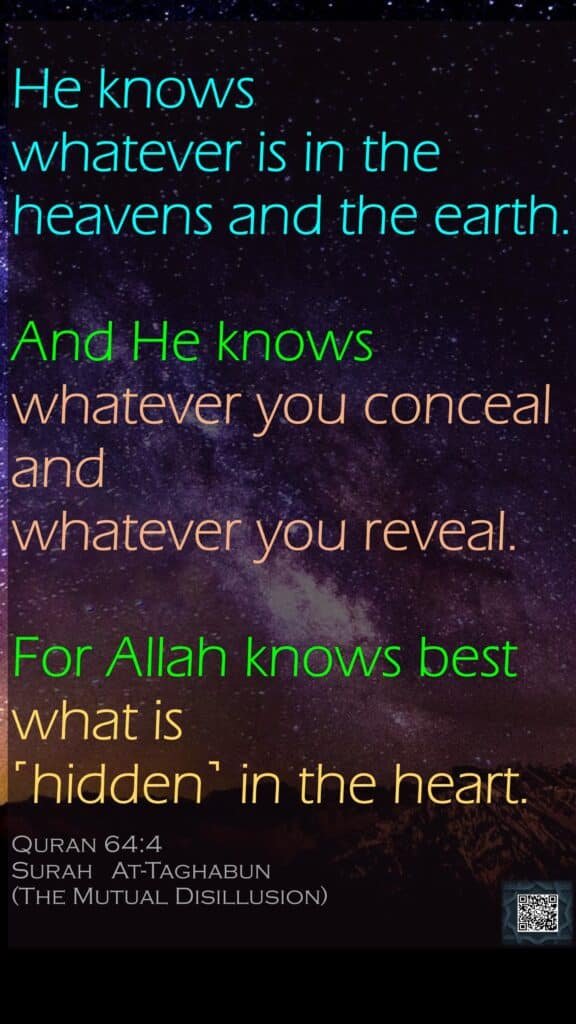 He knows whatever is in the heavens and the earth. And He knows whatever you conceal and whatever you reveal. For Allah knows best what is ˹hidden˺ in the heart.Quran 64:4Surah   At-Taghabun (The Mutual Disillusion)