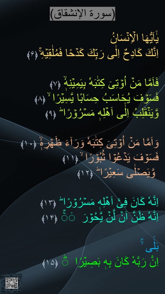(سورة الإنشقاق)

يٰۤاَيُّهَا الۡاِنۡسَانُ 
اِنَّكَ كَادِحٌ اِلٰى رَبِّكَ كَدۡحًا فَمُلٰقِيۡهِ‌ۚ‏ ﴿۶﴾  

فَاَمَّا مَنۡ اُوۡتِىَ كِتٰبَهٗ بِيَمِيۡنِهٖۙ‏ ﴿۷﴾  
فَسَوۡفَ يُحَاسَبُ حِسَابًا يَّسِيۡرًا ۙ‏ ﴿۸﴾  
وَّيَنۡقَلِبُ اِلٰٓى اَهۡلِهٖ مَسۡرُوۡرًا ؕ‏ ﴿۹﴾
  
وَاَمَّا مَنۡ اُوۡتِىَ كِتٰبَهٗ وَرَآءَ ظَهۡرِهٖۙ‏ ﴿۱۰﴾  
فَسَوۡفَ يَدۡعُوۡا ثُبُوۡرًا ۙ‏ ﴿۱۱﴾ 
 وَّيَصۡلٰى سَعِيۡرًا ؕ‏ ﴿۱۲﴾ 

اِنَّهٗ كَانَ فِىۡۤ اَهۡلِهٖ مَسۡرُوۡرًا ؕ‏ ﴿۱۳﴾  
اِنَّهٗ ظَنَّ اَنۡ لَّنۡ يَّحُوۡرَ ۛۚ‏ ﴿۱۴﴾
  
بَلٰٓى ۛۚ 
اِنَّ رَبَّهٗ كَانَ بِهٖ بَصِيۡرًا ؕ‏ ﴿۱۵﴾
