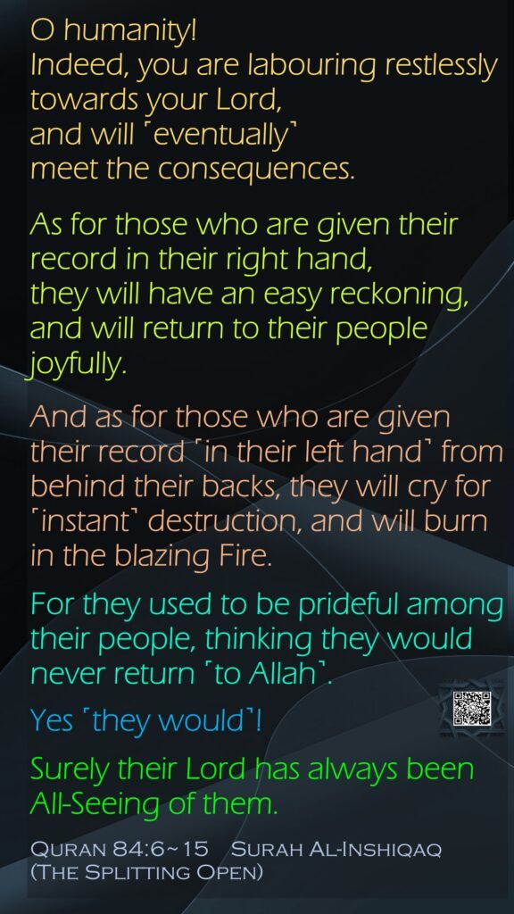O humanity! Indeed, you are labouring restlessly towards your Lord, and will ˹eventually˺ meet the consequences.As for those who are given their record in their right hand,they will have an easy reckoning,and will return to their people joyfully.And as for those who are given their record ˹in their left hand˺ from behind their backs, they will cry for ˹instant˺ destruction, and will burn in the blazing Fire.For they used to be prideful among their people, thinking they would never return ˹to Allah˺.Yes ˹they would˺! Surely their Lord has always been All-Seeing of them.Quran 84:6~15    Surah Al-Inshiqaq(The Splitting Open)
