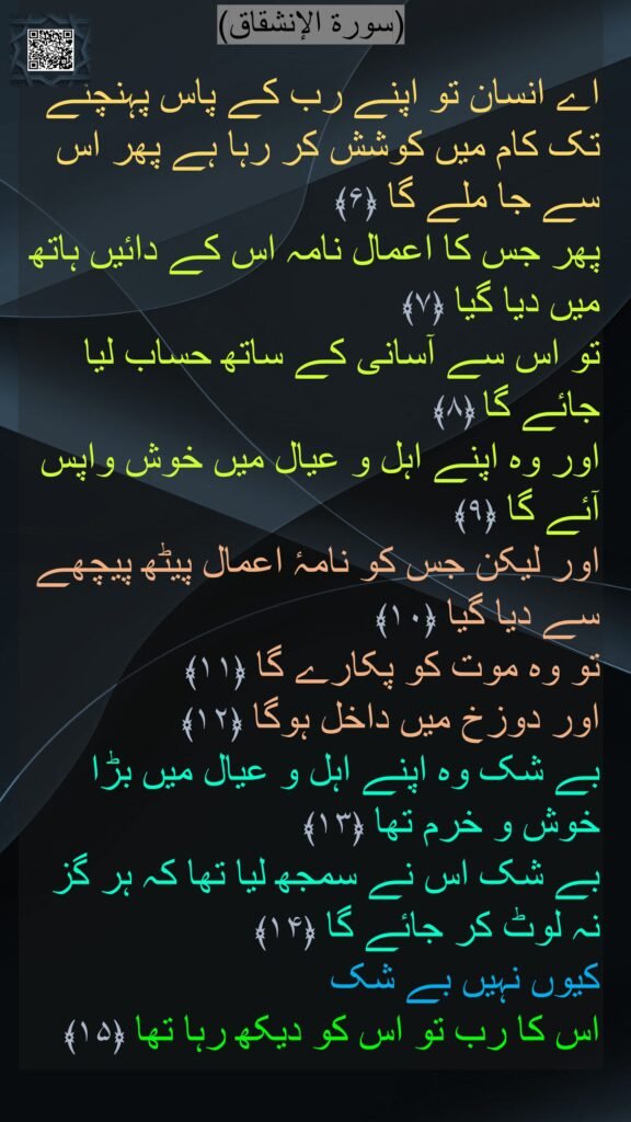 
اے انسان تو اپنے رب کے پاس پہنچنے تک کام میں کوشش کر رہا ہے پھر اس سے جا ملے گا ﴿۶﴾  
پھر جس کا اعمال نامہ اس کے دائیں ہاتھ میں دیا گیا ﴿۷﴾  
تو اس سے آسانی کے ساتھ حساب لیا جائے گا ﴿۸﴾  
اور وہ اپنے اہل و عیال میں خوش واپس آئے گا ﴿۹﴾  
اور لیکن جس کو نامہٴ اعمال پیٹھ پیچھے سے دیا گیا ﴿۱۰﴾  
تو وہ موت کو پکارے گا ﴿۱۱﴾  
اور دوزخ میں داخل ہوگا ﴿۱۲﴾ 
بے شک وہ اپنے اہل و عیال میں بڑا خوش و خرم تھا ﴿۱۳﴾  
بے شک اس نے سمجھ لیا تھا کہ ہر گز نہ لوٹ کر جائے گا ﴿۱۴﴾  
کیوں نہیں بے شک 
اس کا رب تو اس کو دیکھ رہا تھا ﴿۱۵﴾ 