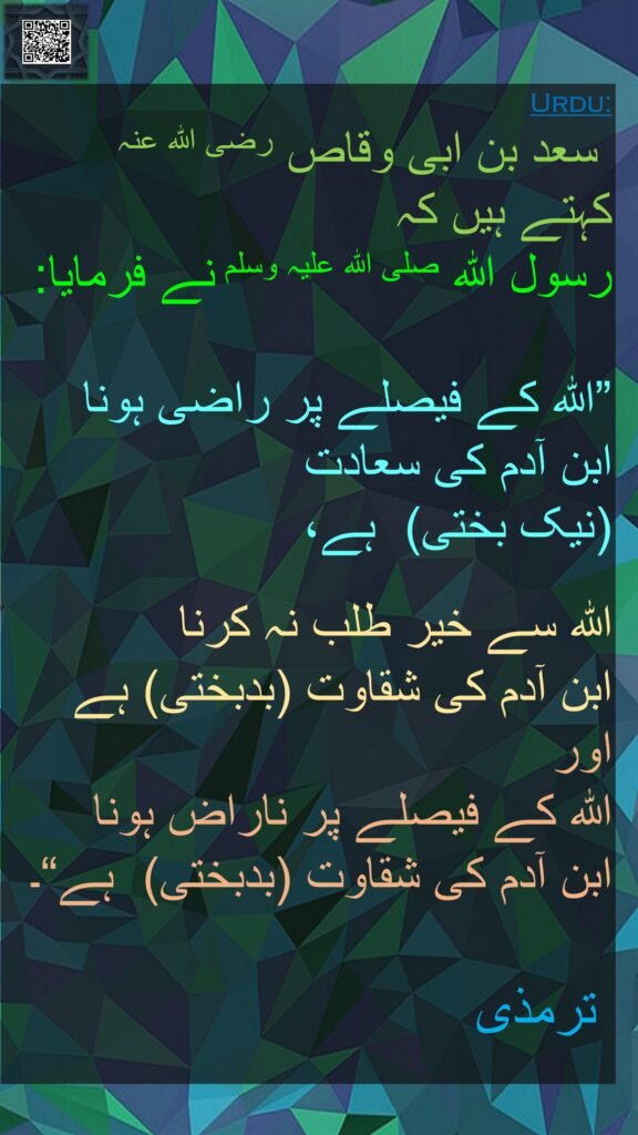  سعد بن ابی وقاص رضی الله عنہ 
کہتے ہیں کہ   
رسول اللہ صلی اللہ علیہ وسلم نے فرمایا:
 
”اللہ کے فیصلے پر راضی ہونا 
ابن آدم کی سعادت  
(نیک بختی)  ہے، 

اللہ سے خیر طلب نہ کرنا 
ابن آدم کی شقاوت (بدبختی) ہے اور 
اللہ کے فیصلے پر ناراض ہونا 
ابن آدم کی شقاوت (بدبختی)  ہے“۔ 

 ترمذی
